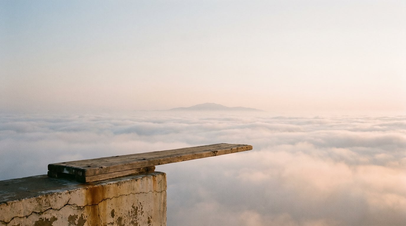Leeres Sprungbrett hoch über einer Wolkendecke: Mut in der Führung heißt, die Fallhöhe zu kennen